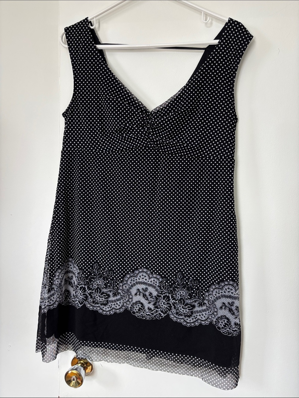 Black Polka Dot V-Neck Tunic with Lace Border